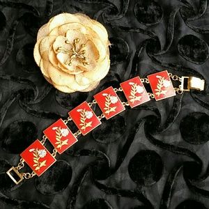 Vintage Enamel Floral Boho Asian Bracelet Goldtone